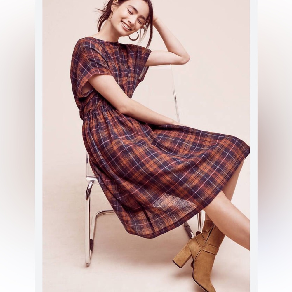 Anthropologie Plaid Midi Dress in Rust and Navy